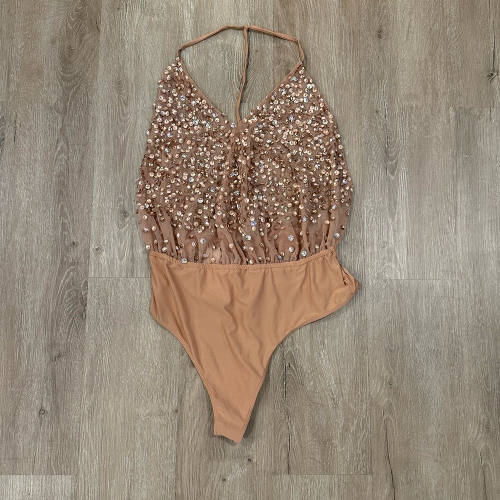 NWT ASOS Sequin Embellished Nude Bodysuit Size 8